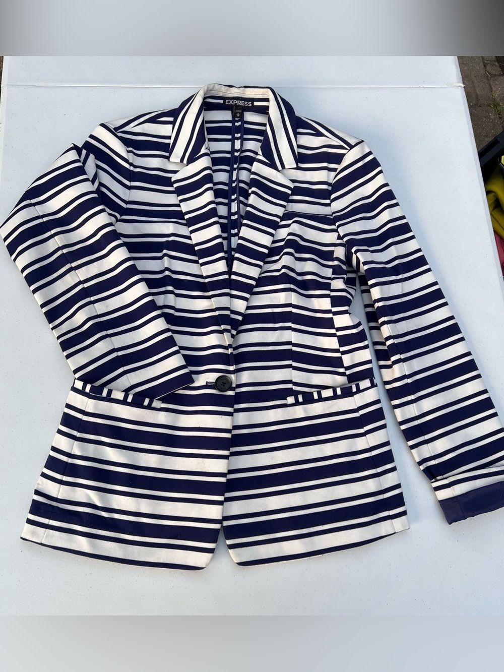 Express Navy and White Striped Single-Button Blazer